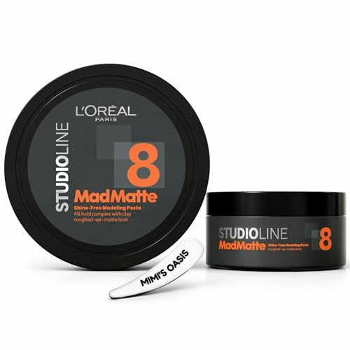 L'Oréal Professionnel Paris Studio Line Mad Matte Hair Paste 8 Strong Hold 75ml with Cosmetic Spatula – Matte Finish Hair Clay for Men, Texturising Hair Wax, Natural Look, No Shine, Long Lasting Hold