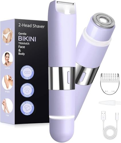 Bikini Trimmer Women 2-in-1 Facial Hair Remover for Women,USB-C Razors Woman,Dual Head Shaver Women with Light for Intimate,Lady Shavers for Woman Pubic Hair for Lip Underarm Body,Travel Lock,Violet