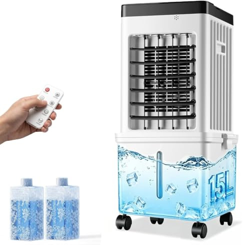 Evaporative Air Cooler, 15L Evaporative Cooling Fan with Remote & 2 Ice Packs, 4-in-1 Hoseless Room Cooler with 3 Speeds, 7.5H Timer & 120° Oscillation, Air Cooler for Bedroom (White, 2 Ice Packs)