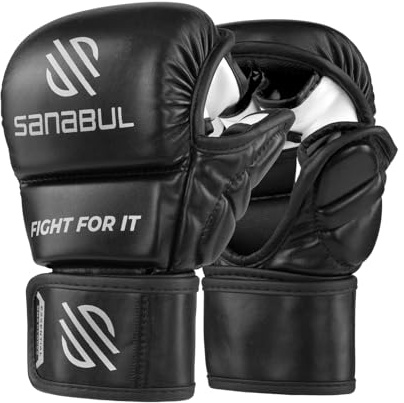 Sanabul New Item Essential 7 oz MMA Hybrid Sparring Gloves (Black/Silver, Small/Medium)