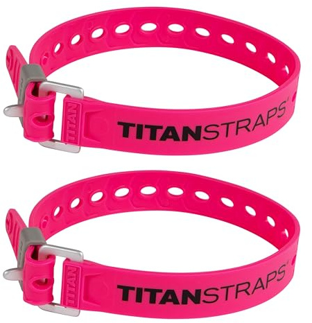 Titan Utility Straps – Easy-To-Use, Reliable Tension Straps for Securing Bike & Moto Gear, Skis, Garden Hoses, Field Repairs – Use in Frigid Temp – 60 lb. Working Load, 18 Length, Fluoro Pink, 2-Pack