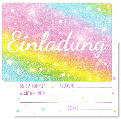 Gentle North 15 x Einladungskarten Kindergeburtstag Regenbogen Glitzer - Größe A6 - Coole Einladung zum Geburtstag für Mädchen und Jungen - Witzige Kinder Einladungskarte - Rainbow