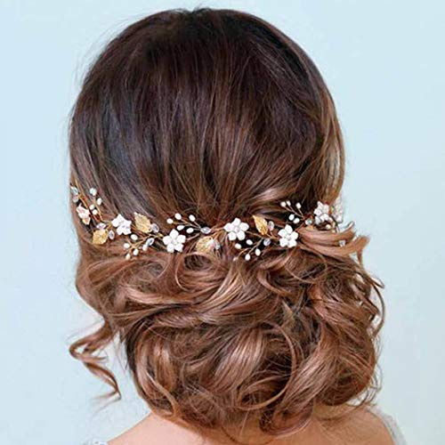Handcess Brautschmuck mit Blättern und silberfarbenen Perlen, Opal, Kopfschmuck, Blume, Strass, Brautschmuck, Haarschmuck für Frauen und Mädchen, goldfarben