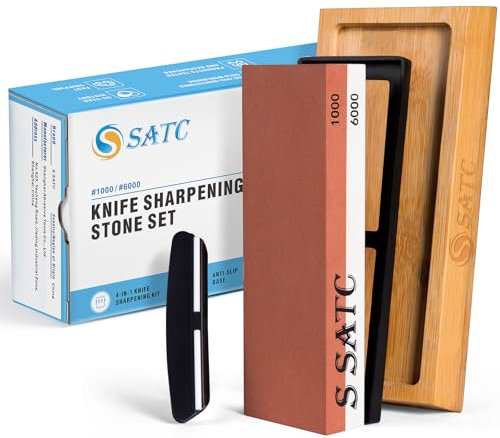 S SATC Schleifstein Messer Körnung 1000/6000 Wetzstein Professionell Schärfstein 2-IN-1 Messerschärfer Abziehstein Sharpening Stone mit Rutschfeste Bambusbasis und Winkelführung