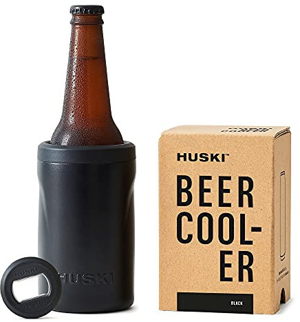 Huski Beer Cooler 2.0 | New | Premium Can and Bottle Holder | Triple Insulated Marine Grade Stainless Steel | Detachable 3-in-1 Opener | Works as a Tumbler | Best Gifts for Beer Lovers (Black)