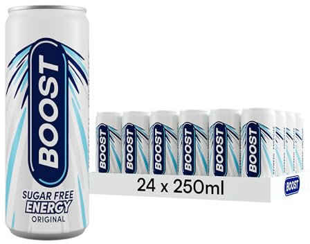 Boost Energy Drink Sugar Free Original - 24 Pack Drinks with Caffeine, Taurine and Vitamin B | Carbonated Energy Drinks | Gluten Free Vegan Low Calorie Zero Sugar Fizzy Drinks | 24x250ml