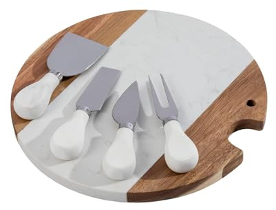 Homiu Marble Wooden Cheese Board Set | 4 Stainless Steel Knife & Fork | Cheese Platter Cutting for Cracker and Meat | Essentials Wooden Serving Plate Tray | Gift for Christmas & Birthday
