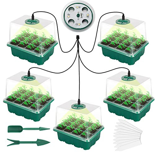 Richaa 5 Stück 60 Zellen Anzuchtset ZimmergewäChshaus mit Licht Mini Anzucht GewäChshaus Klein Pflanzen Zimmergewächshaus Aufzucht Set Anzuchtschalen mit Deckel Kleines GewäChshaus für Zimmer Indoor