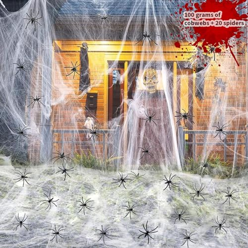 Halloween Spinnennetz Dekoration, 100g Dehnbare Spinnennetze &20Künstliche Spinnen, Halloween Deko Outdoor Spinnennetz, dehnbar Spinnweben für Halloween Party Spukhaus Garten Hof Horror Dekoration