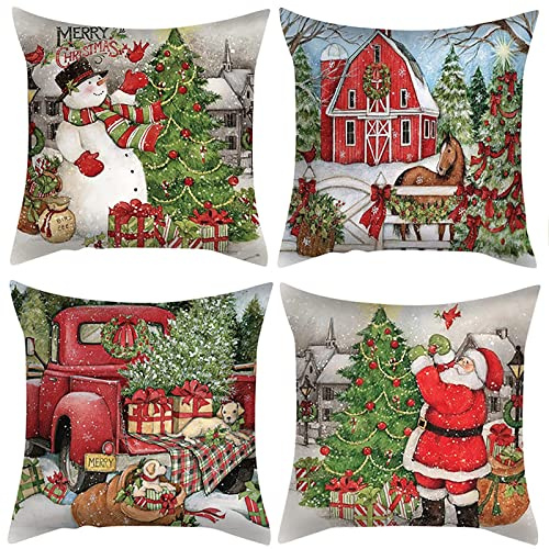 Irayin Weihnachten Kissenbezug - 4 Stück Dekoration Kissenhülle, Leinen Sofa Throw Kissenbezug für Haus, Garten, Schlafzimmer (45 x 45 cm)