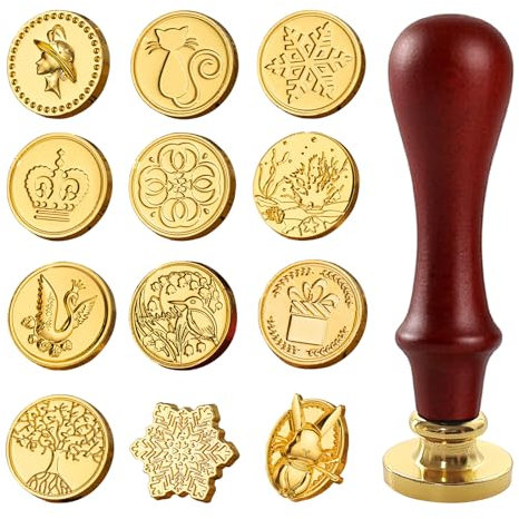 12 Stück Siegelstempels,Wachssiegel Stempel mit 1Abnehmbar Holzgriff,Siegelstempel Set mit Aufbewahrungsbox,Siegelwachs Stempel für Einladungen, Umschläge,Geschenkverpackungen