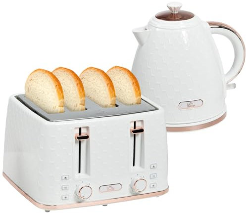 HOMCOM Kettle and Toaster Set, 1.7L 3000W Fast Boil Jug Kettle with Auto Shut Off, 4 Slice Toaster with 7 Level Browning Controls & Crumb Tray, Cream