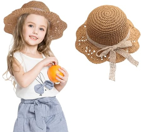 Symphonyw Sombrero de paja para bebé, Niña de verano para niños Sombrero de playa con arco plegable Sombrero de sol, caqui, 6-24 meses