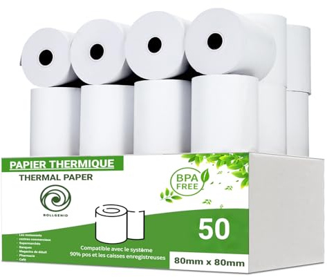 Rollgenio 50 Rollen Thermorollen, 80 x 80 mm, Papier für Registrierkassen, POS-Terminal, EPOS Drucker