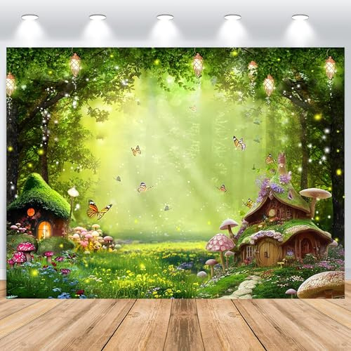 ASDCXZ Enchantée Forêt Toile de Fond 2,2x1,5 m, Conte de Fées Forêt Magique Fantastique Pays des Merveilles Champignon Papillon Forêt Jungle Fond de Photographie Fille Princesse Fête d'anniversaire