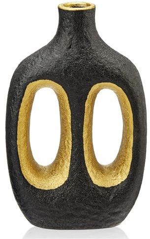 Arborus Donut Vase Keramik Vase Deko Schwarz Gold Vase 24 cm Blumenvase Matt Ästhetik Dekovase Modern Vase für Tisch Deko Regal Deko Wohnzimmer Deko Schlafzimmer Deko Home Deko Küche Deko Büro Deko