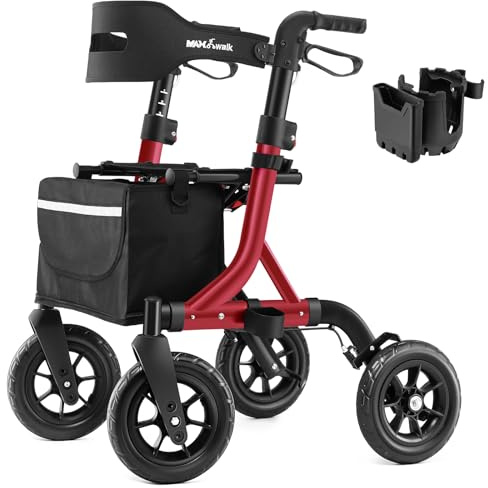 MAXWALK Rollator Faltbar und Leicht mit Sitz,25cm Reifen für All Gelände | Rollatoren Schmal für Wohnung,Integrierte Seilzugbremsung,Getränkehalter,Höhenverstellbare Aluminium Rollatoren für Senioren