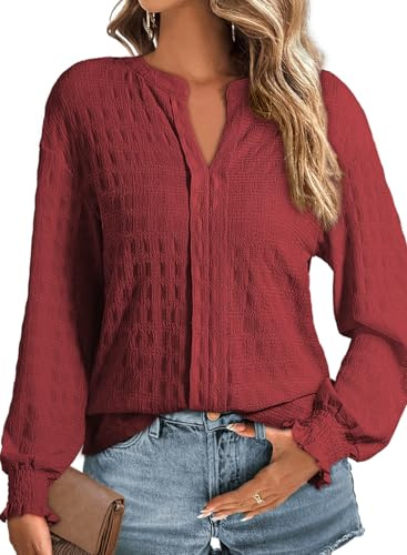 Dokotoo Ladies Tops Long Sleeve V Neck Spring Womens Tunic Top Loose Casual T-Shirts for Women Solid Color Shirt Textured Women's Blouses Shirts Fall Red Dahlia UK XL