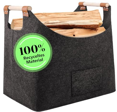 XHYASD 60L Holzkorb für Kaminholz, XL Extra Filzkorb, Faltbar Kaminholzkorb mit Holzgriff, Brennholzkorb für Holz, Zeitung, Brennholz, Transport und Aufbewahrung (Dunkelgrau)