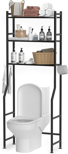 GloTika Étagère de rangement à 3 niveaux en métal pour salle de bain - Économie d'espace - Autonome au-dessus des toilettes - Avec 4 crochets - Noir