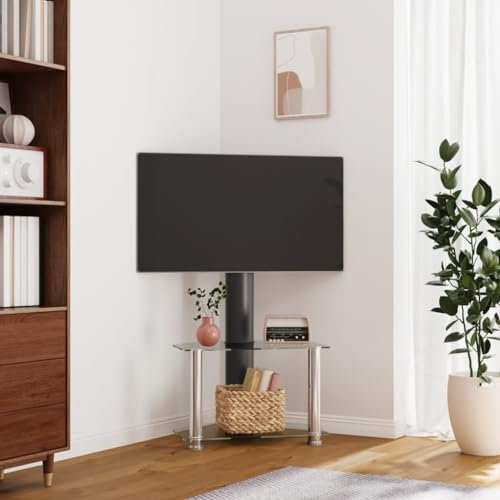 CINDERFUL TV-Eckregal mit 2 Ablagen für 32-70 Zoll Schwarz und Silbern,Praktisches TVEckregal mit Schwenkfunktion und Stauraum für 32 bis 70 Zoll Fernseher TV-Möbel, TV-Bänke