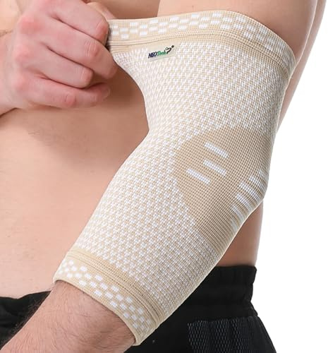 NEOtech Care Codera de compresión Tejido de punto 3D de fibra de bambú - Manga elástica y transpirable - Golf, tenis, deportes - Brazo derecho o izquierdo (Beige, Talla M, 1 Unidad)