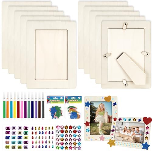 Luziyun Set de Marcos de Fotos de Madera 20x14.8cm, Marcos Vacíos DIY con Pegatinas de Strass, Estrellas y Corazones, Proyectos Creativos para Niños, Decoración de Mesa y Manualidades
