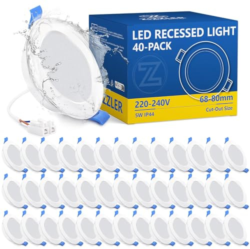 ZIZZLER 40er Set LED Einbaustrahler Spots 230V Flach 68-80mm Lochmaß, Warmweiß Deckenspots, IP44 Einbauleuchten für Badezimmer Feuchtraum, 5W 3000K Einbauspots für Küche Schlafzimmer Wohnzimmer