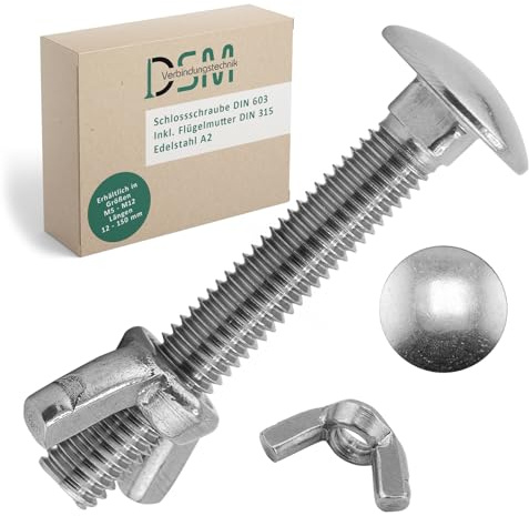 DSM – Schlossschrauben M6 x 70 mm SET DIN 603 – je 25 Stück Edelstahl A2 | inkl. M6 Flügelmuttern DIN 315 [TrueSpec Präzision] Vollgewinde Flachrundkopfschrauben Vierkantansatz Torbandschrauben