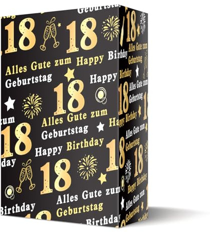 Ovanda 5 Bögen Geschenkpapier Schwarz Gold 18. Geburtstag 70 x 50 cm | Ungefaltetes Papier mit 18. Geburtstag Design; leicht zuschneidbar, für Geschenkverpackungen, DIY und kreative Bastelprojekte