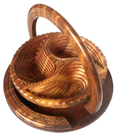 Elegante fruttiera in legno – Cesto di frutta divisorio e pieghevole da cucina – Ciotola per frutta artistica intagliata in legno per elegante decorazione domestica e esposizione di prodotti freschi