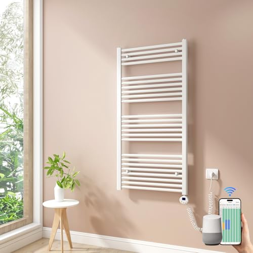 Heilmetz Smart WiFi Badheizkörper Elektrisch 120x60cm Elektrischer Handtuchtrockner mit Thermostat und Timer-Funktion Gerade Handtuchheizkörper Weiß 600W