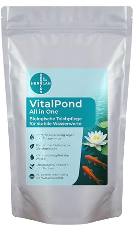 HERRLAN® VitalPond 250 g - NIE Wieder GRÜNES Wasser - CHEMIEFREI - All-in-One-Lösung zur biologischen Teichpflege für kristallklares Teichwasser - Dosierung: 0,5-2 g auf 1000 Liter - Made in Germany