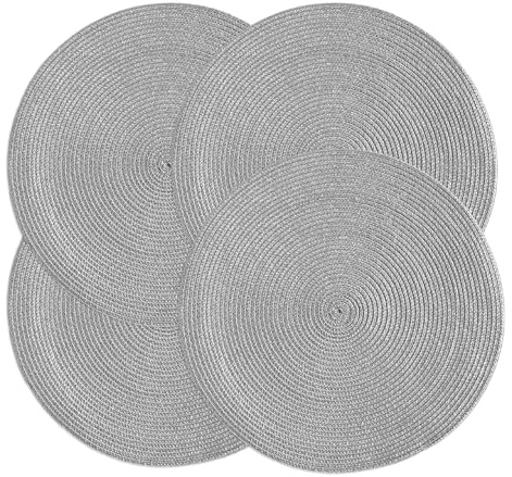 IlGruppone Set 4 Sottopiatti Natalizi Rotondi Ø38 cm Tovagliette Decorazione Tavola in Poliestere Intrecciato Sottopiatti Eleganti per Natale e Capodanno - Argento