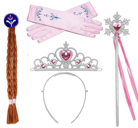 Amacoam Prinzessin Kostüme Zubehör 4pcs Eisprinzessin Verkleidung Mädchen Prinzessin Mädchen Dress up Zubehör mit Handschuhe Krone Zauberstab Haarreifen Zopf Verkleiden für Geburtstage, Cosplay