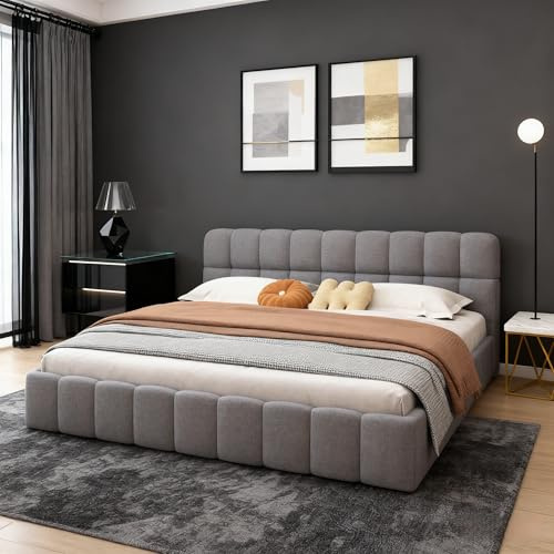 BRYXR Polsterbett 140x200, Bubble Bett mit Lattenrost, Gepolstertem Kopfteil, Elegantes Doppelbett, Ideal für Jugendzimmer und Gästezimmer (Graue Leinen, ohne Matratze)