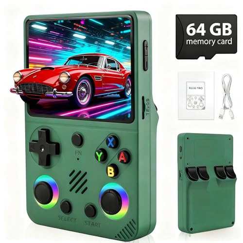 Rhesusco RG36PRO Handheld Game Console - Support 30000+Classic Games, 64G TF Card, Open Source System, 3.5-Inch Screen, 3000mAh Battery, Portable Console for Travel, Gift for Adult or Partner-Green