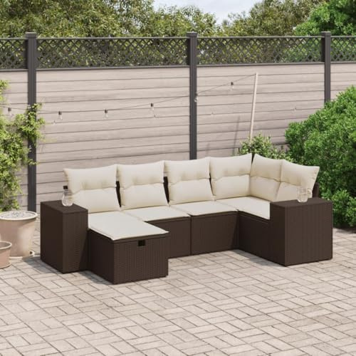 JHQHSM Set di 6 divani da giardino con cuscino, marrone, polyrattan, gruppo di divano in rattan sintetico, con rivestimenti rimovibili, design modulare per terrazze, telaio in acciaio resistente alle