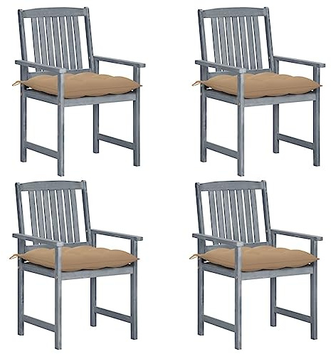 IBUQDDV Gartenstühle mit Kissen 4 STK. Grau aus Massivholz Akazie, Robuste Holzstühle mit Latten-Design für den Außenbereich, Wetterfeste Sitzmöbel mit Befestigungsschnüren