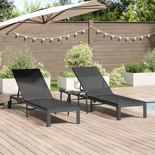 RMIHSJG Sedia a sdraio regolabile con ruote e tavolo in polyrattan nero, 2 pezzi, per giardino, balcone e piscina, resistente ai raggi UV, impermeabile, regolabile
