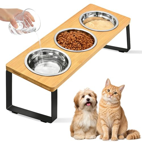 Ciotole Gatti Rialzate con Tappetino Antiscivolo & Supporto Bambù, 3 Ciotola Gatto Acciaio Inossidabile Inclinata 15°, Stazione Alimentazione Acqua Rialzata Cane Facile Pulire per Cani Piccoli Gattini