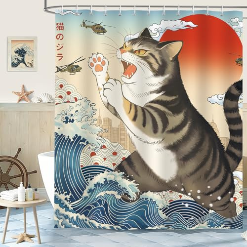 hometrixx Cortina de Ducha Retro Divertida Anime Gato Onda Marina 180x200cm