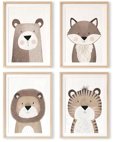 MYLILY Bilder Kinderzimmer 4er Set, Tiere, Canvas, 21x30 cm, ohne Rahmen | 100 % Baumwolle, matte Oberfläche, Bär Fuchs Löwe Tiger, Wandbilder Babyzimmer, für Mädchen & Jungen, Geschenk zur Geburt