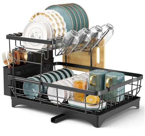 Taylor & Brown 2 Tier Black Large Dish Drainer Drying Rack Drying for Kitchen Sink with Drip Tray, Stainless Steel Metal Anti Rust Wide Plate Bowl Draining Washing Up Holder, Extra Big Spout Drainage