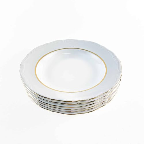 FranquiHOgar Juego Platos Hondos de Porcelana Blanca (6 piezas) Rhein con Borde Dorado – Vajilla de filo de oro para Sopas cremas. Celebraciones y regalos