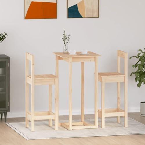 Plumbpyr Set da bar in legno massello di pino da 3 pezzi, tavolo da bar 60 x 60 x 110 cm, 2 sedie da bar, robusto set da pranzo per soggiorno, gruppo da pranzo rustico, mobili stabili per piccoli