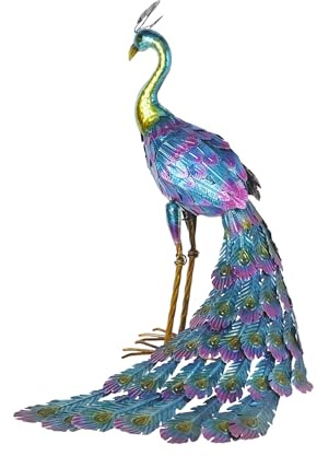 Alpine Corporation 71,1 cm hohe Outdoor-Statue, metallischer Pfau, stehend, Hofstatue, Dekoration, Mehrfarbig