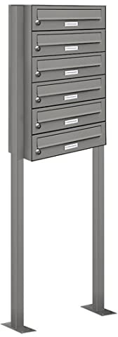 AL Briefkastensysteme 6er Briefkasten als Standbriefkasten, 6 Fach Briefkastenanlage in Aluminiumgrau RAL 9007 Postkasten modern