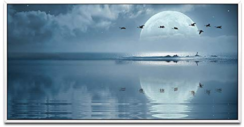 Ozean bei Vollmond ca. 130x70cm Wandbild inklusive Schattenfugenrahmen weiss - Panorama Leinwand Bild XXL Format Wandbilder Wohnzimmer Wohnung Deko Kunstdrucke