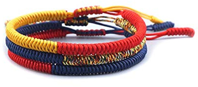 EXINOX Pulsera Tradicional Tibetana de Nudos | Hecha a Mano | Hombre Mujer | Espiritual Budista | Azul Amarillo Rojo | 3 Piezas